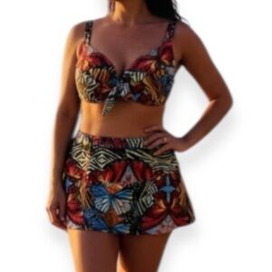 BECCA Two Pieces Multicolor Butterfly Skort Floral Trim Tropical